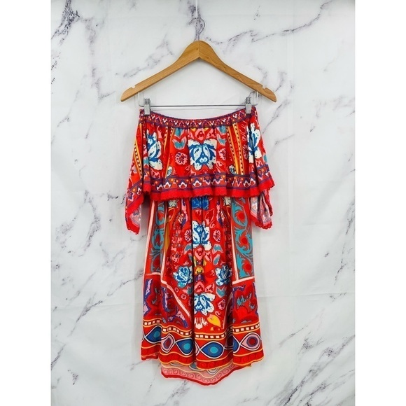B031 Flying Tomato Off The Shoulder Layered Boho Floral Mini Dress - Picture 5 of 6